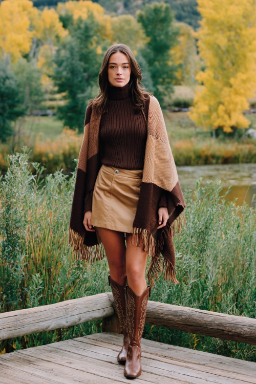 woman standing on wooden platform in autumn park setting, wearing brown ribbed turtleneck sweater tucked into tan mini skirt