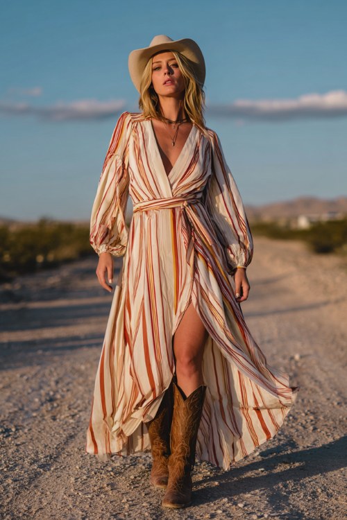 woman wearing a flowing cream and rust striped maxi dress with deep v neckline and cinched waist, brown leather cowboy boots