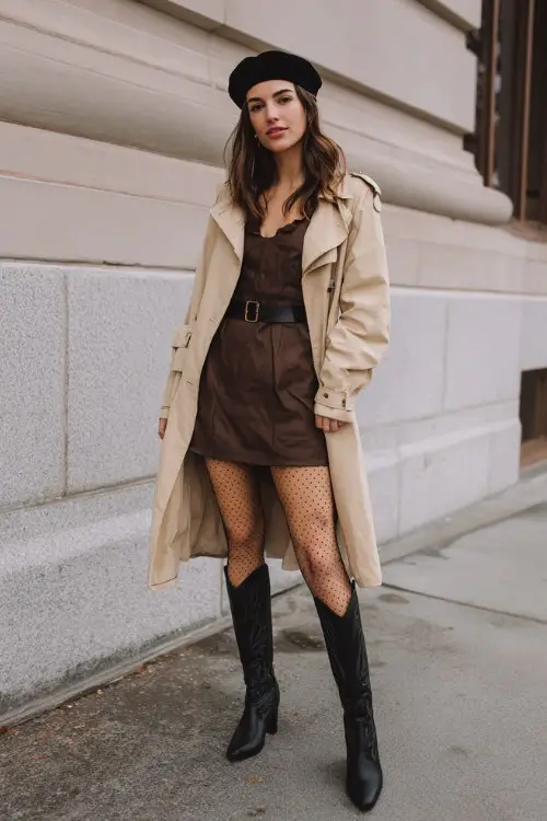 woman wearing beige trench coat layered over brown leather mini dress, sheer polka dot tights, tall black cowboy boots, black beret