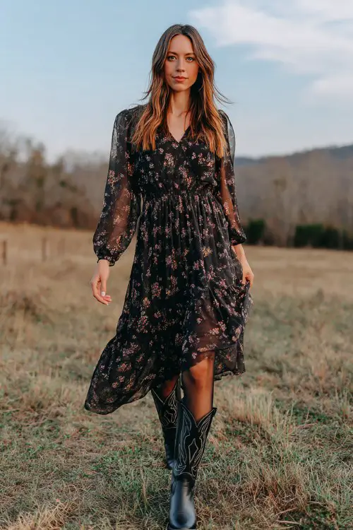 woman wearing black long sleeve floral midi dress with flowy hem, black cowboy boots, sheer tights