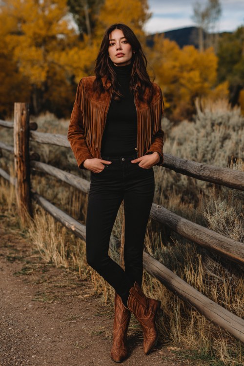 woman wearing black turtleneck and fitted black pants layered with brown suede fringe jacket, brown pointed cowboy boots