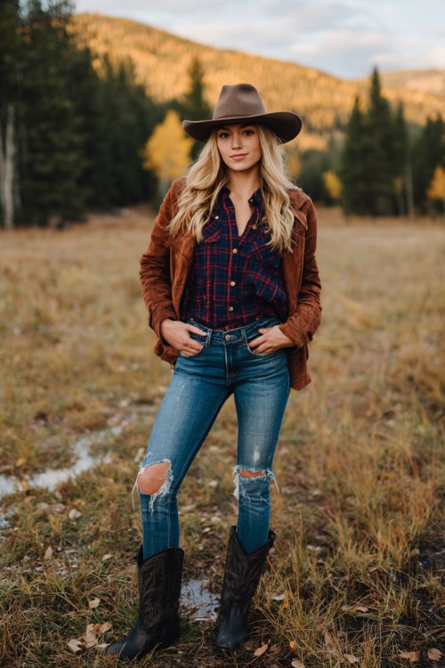 woman wearing plaid button-up shirt tucked into distressed skinny jeans, brown leather jacket, black cowboy boots