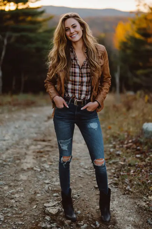 woman wearing plaid button-up shirt tucked into distressed skinny jeans, brown leather jacket, black cowboy boots