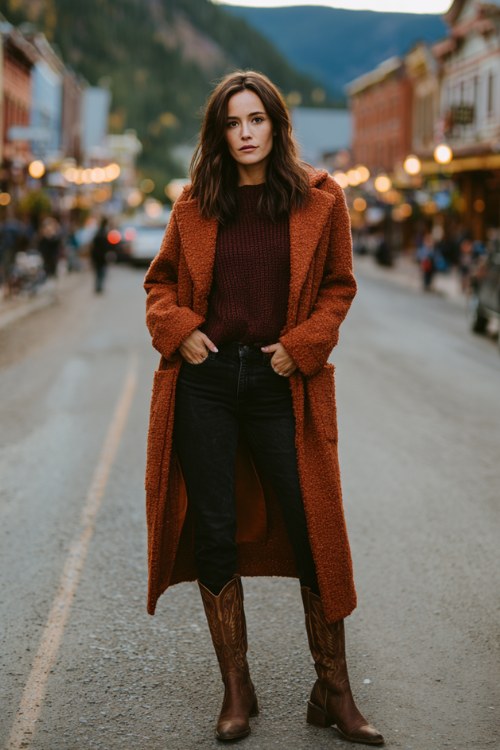 woman wearing rust long textured coat layered over deep burgundy sweater, black skinny jeans, mid-calf brown cowboy boots