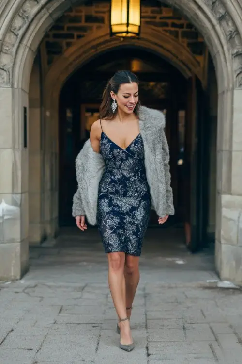 woman wears a navy dress with silver sequin overlay in a cascading vine pattern, styled with a cropped grey fur coat