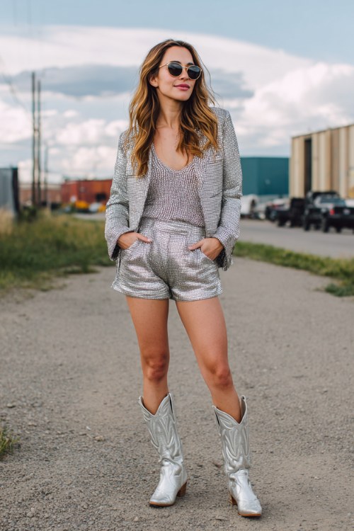 woman wears silver cowboy boots outfit for concert