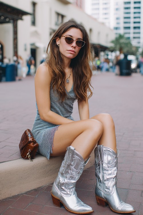 woman wears silver cowboy boots outfit for concert