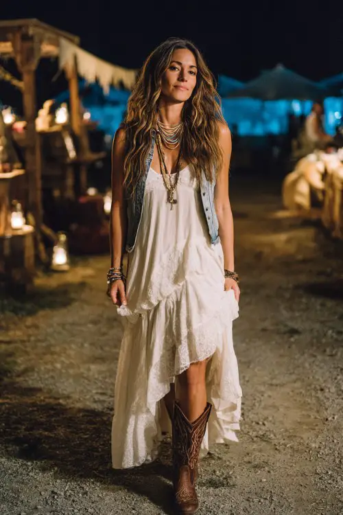 A bohemian country concert look with a flowing white asymmetrical lace dress layered under a sleeveless denim vest paired with western cowboy boots