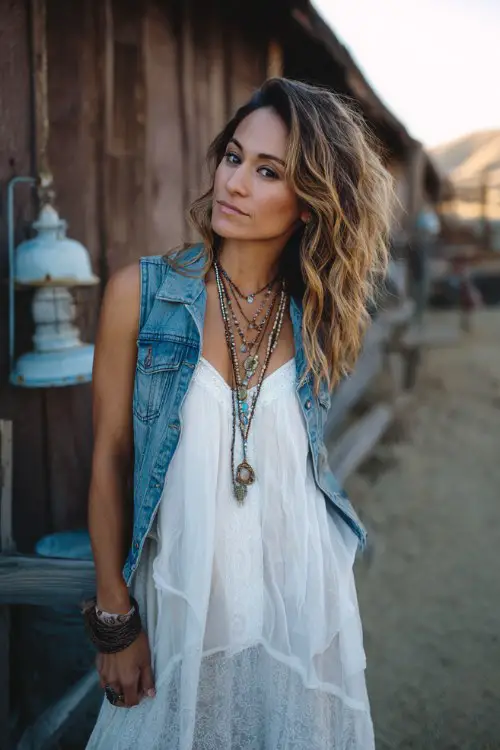 A bohemian country concert look with a flowing white asymmetrical lace dress layered under a sleeveless denim vest, paired with western cowboy boots