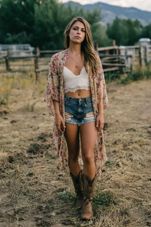 A bohemian young woman at a country concert, wearing a white bralette, distressed denim shorts, a lightweight floral kimono, and brown cowboy boots