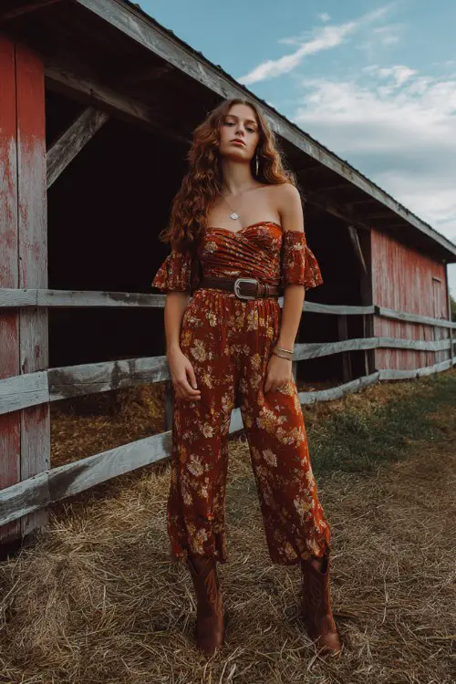 A boho country concert look featuring a rust-colored floral jumpsuit with an off-the-shoulder neckline, cinched waist with a leather belt, western boots, and minimal jewelry