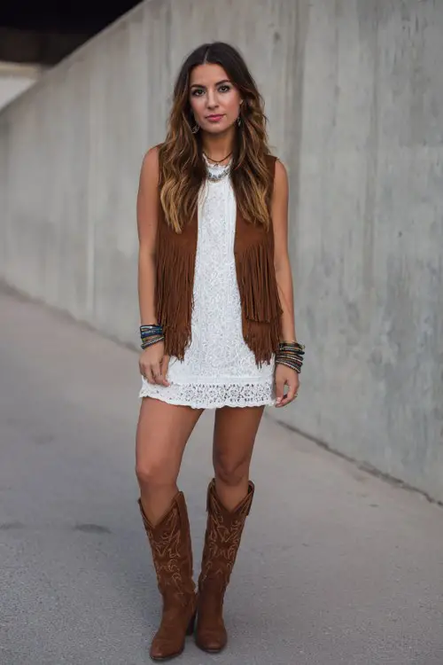 A bold country concert look featuring a lace mini dress layered with a suede fringe vest, western boots, stacked bracelets