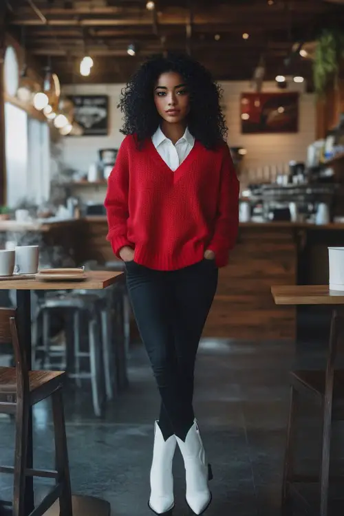 A chic layered outfit featuring a red oversized sweater worn over a long white button-down shirt, with the hem peeking out. Paired with black skinny jeans and sleek white cowboy boots
