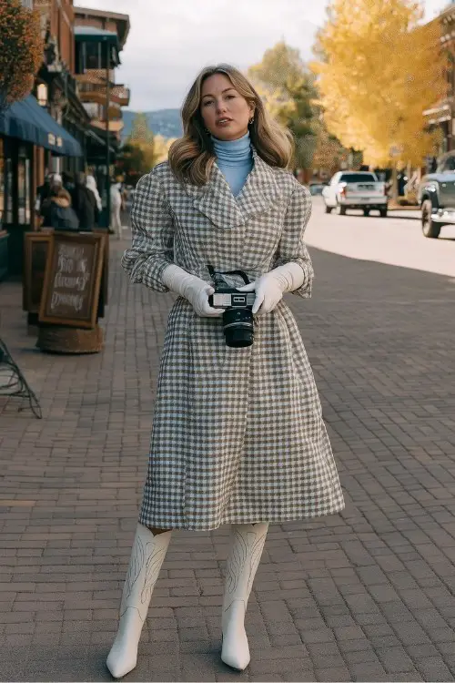 A city woman steps through a historic district in a cinched-waist houndstooth trench over a pale blue turtleneck dress and white cowboy boots
