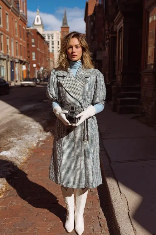 A city woman steps through a historic district in a cinched-waist houndstooth trench over a pale blue turtleneck dress and white cowboy boots