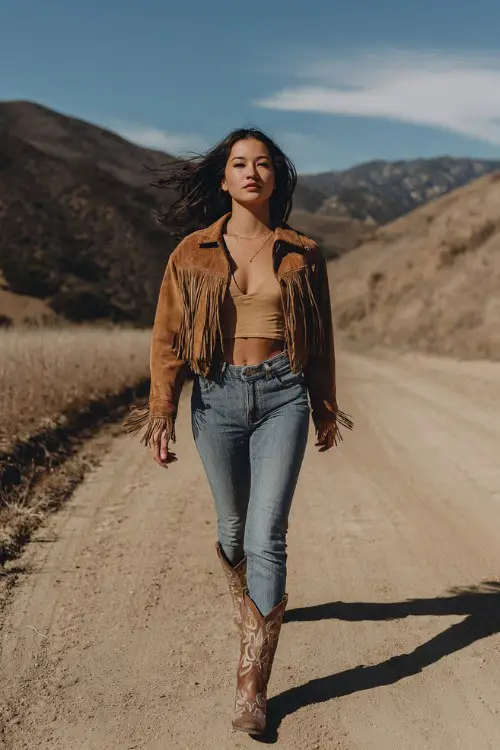 A confident young woman walking down a dirt road surrounded by rolling hills, wearing a tan crop top, high-waisted skinny jeans, a brown suede fringe jacket, and embroidered cowboy boots