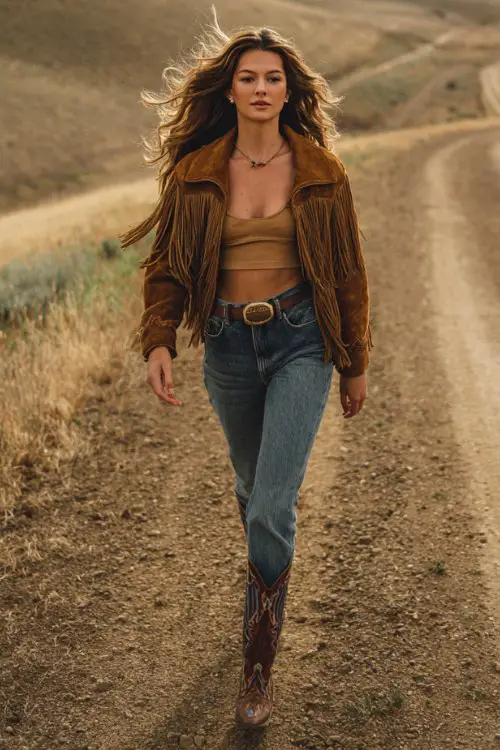 A confident young woman walking down a dirt road surrounded by rolling hills, wearing a tan crop top, high-waisted skinny jeans, a brown suede fringe jacket, and embroidered cowboy boots