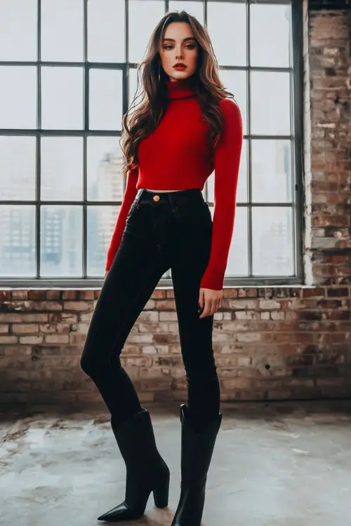 A cropped red turtleneck sweater paired with high-waisted black jeans and pointed-toe black cowboy boots, posing in a chic, industrial-style loft with brick walls and large windows