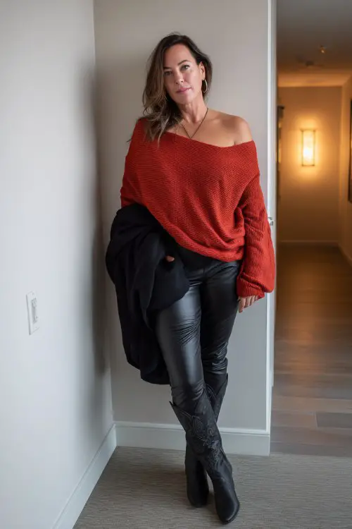 A curvy woman over 40 wears a red off-the-shoulder sweater with a black wool cape draped over one shoulder, leather leggings, and tall black cowboy boots