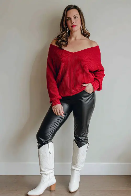 A curvy woman over 40 wears a red off-the-shoulder sweater with black leather leggings and tall white cowboy boots