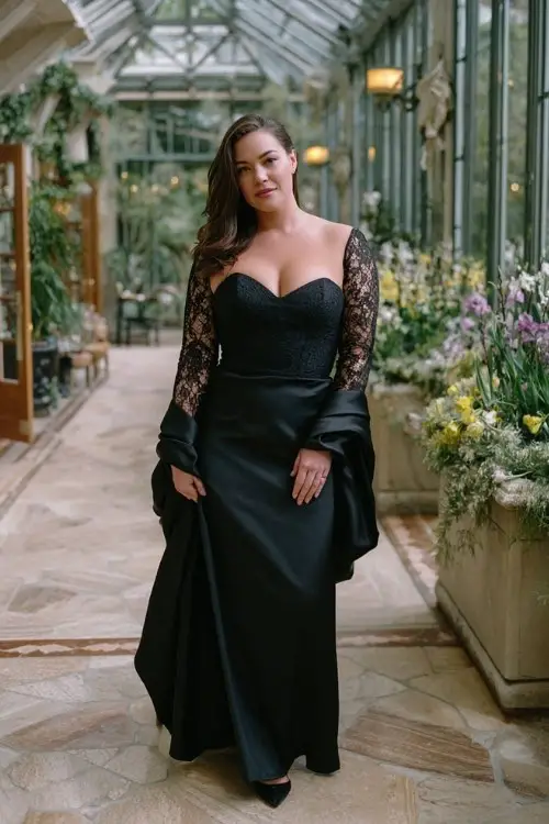 A curvy woman wears a black gown with intricate lace sleeves and a sweetheart neckline, styled with classic pumps and a satin shawl