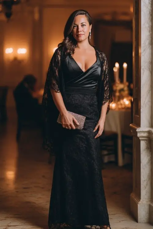 A curvy woman wears a black lace overlay evening wedding gown with satin lining, fitted bodice and elegant A-line silhouette, styled with classic heels, jeweled clutch