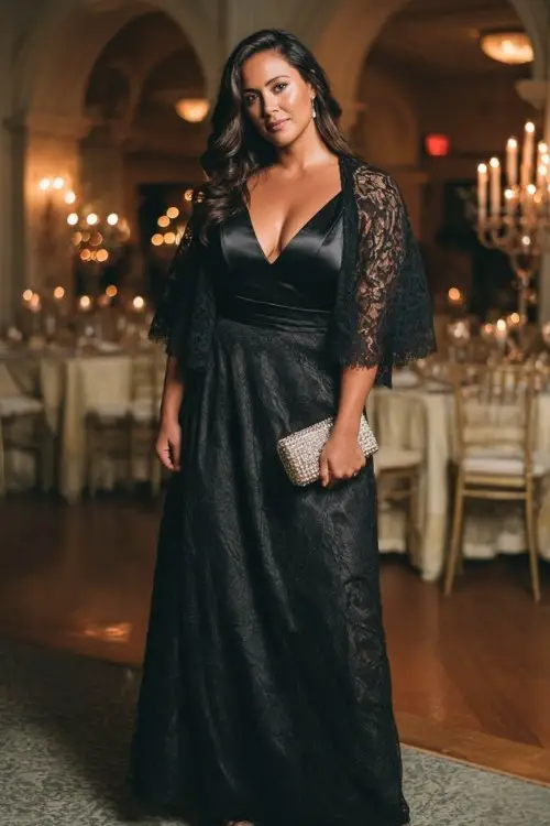 A curvy woman wears a black lace overlay evening wedding gown with satin lining, fitted bodice and elegant A-line silhouette