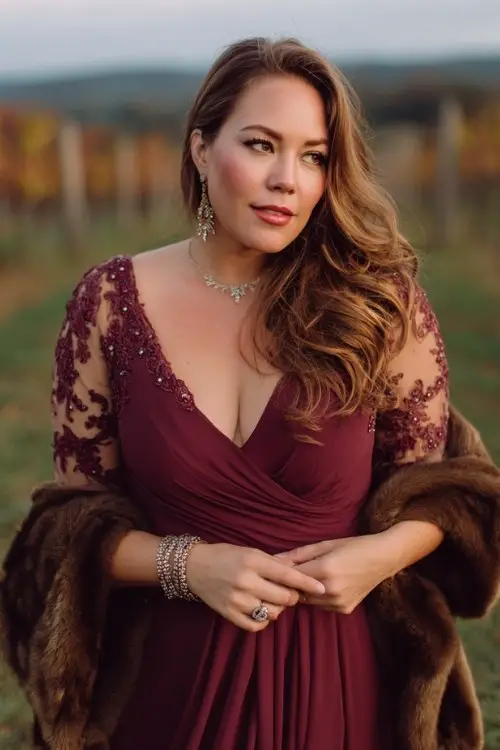 A curvy woman wears a burgundy chiffon evening wedding gown with sheer embroidered sleeves, layered skirt movement and delicate beaded neckline, paired with metallic heels