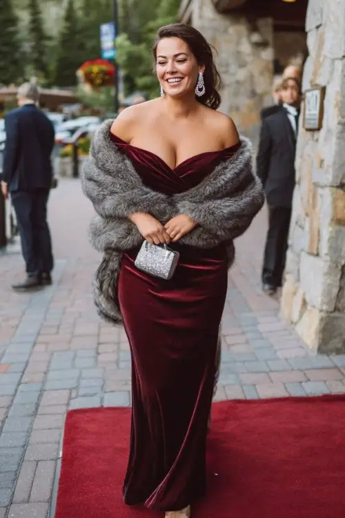 A curvy woman wears a burgundy off-the-shoulder velvet dress with a fitted waist and soft train, accessorized with crystal drop earrings and a fur wrap