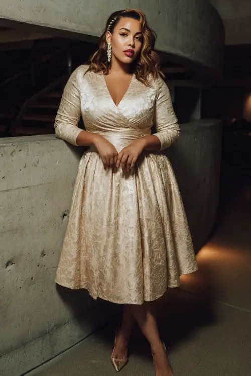 A curvy woman wears a champagne jacquard long sleeve dress with subtle floral texture and flattering A-line cut, paired with elegant heels and crystal earrings