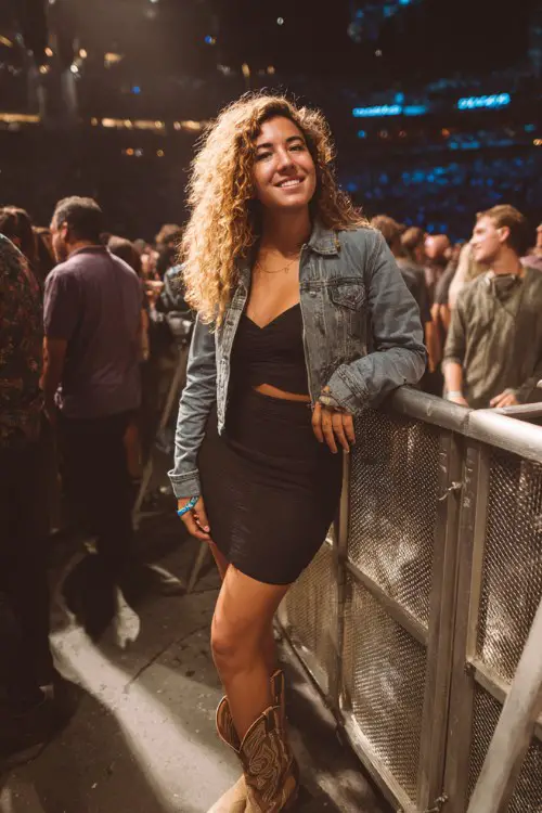 A curvy woman wears a cropped denim jacket over a fitted black midi dress and cowboy boots, standing near the stage barrier