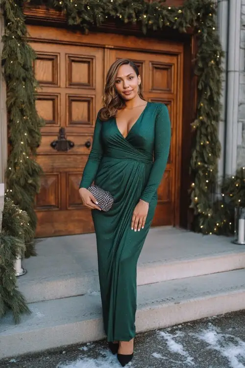 A curvy woman wears a long-sleeve emerald green gown with a wrap silhouette and subtle shimmer, accessorized with black pointed heels and a crystal clutch