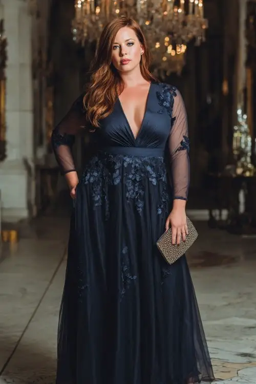 A curvy woman wears a long sleeve navy tulle dress with floral embroidery overlay and flowing layered skirt, styled with metallic heels and a jeweled clutch