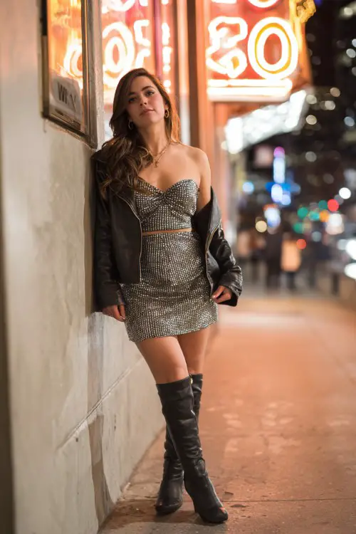 A curvy woman wears a metallic mini dress with a cropped leather jacket and knee-high boots