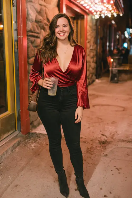 A curvy woman wears a metallic red wrap top, skinny black jeans, and pointed-toe ankle boots
