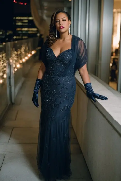 A curvy woman wears a midnight blue beaded evening wedding gown with sheer sleeves, layered tulle hem and elegant floor-length silhouette, accessorized with sleek pumps, satin gloves
