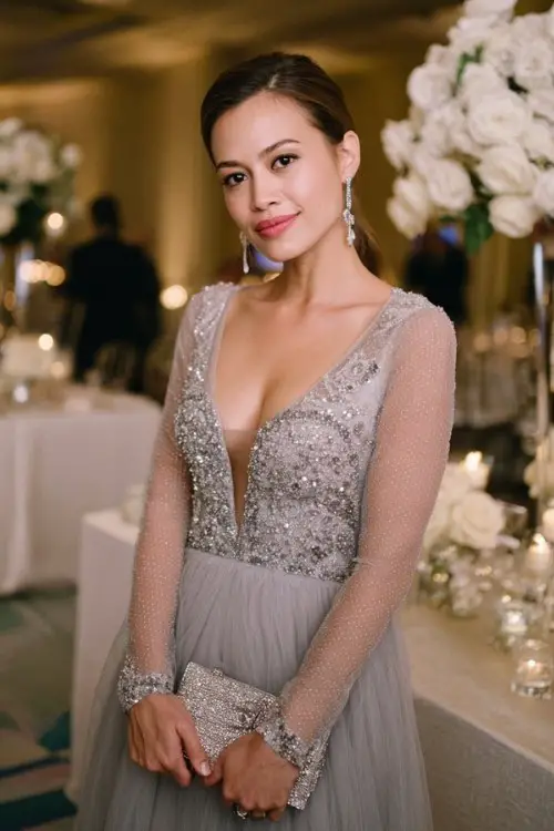 A curvy woman wears a silver embellished gown with long mesh sleeves and a flowing tulle skirt, accessorized with a metallic clutch and statement earrings