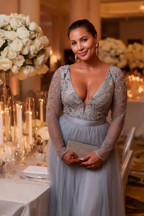 A curvy woman wears a silver embellished gown with long mesh sleeves and a flowing tulle skirt, accessorized with a metallic clutch and statement earrings