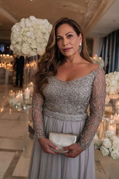 A curvy woman wears a silver embellished gown with long mesh sleeves and a flowing tulle skirt, accessorized with a metallic clutch and statement earrings