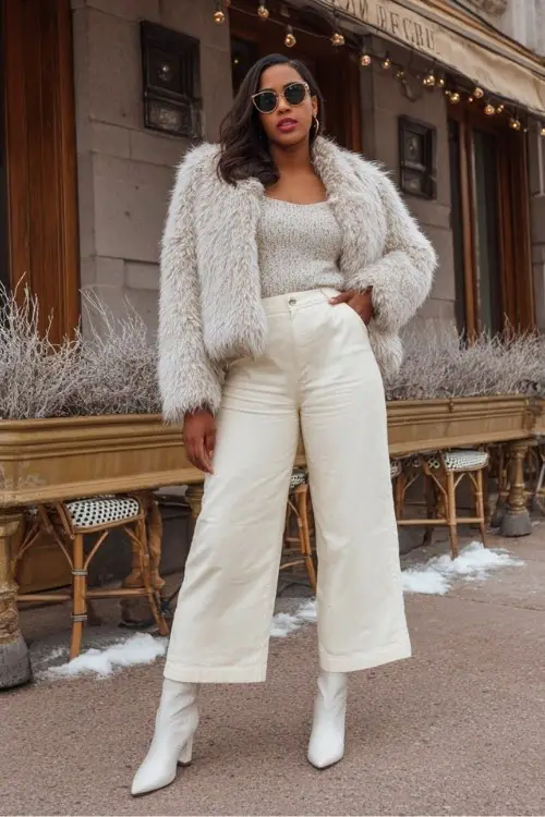 A curvy woman wears wide-leg ivory pants cropped above white cowboy boots, a fitted knit top, and a soft faux fur jacket