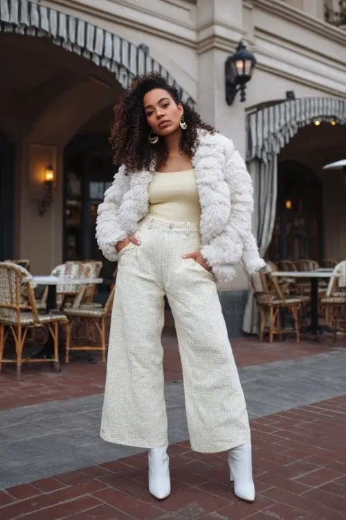 A curvy woman wears wide-leg ivory pants cropped above white cowboy boots, a fitted knit top, and a soft faux fur jacket