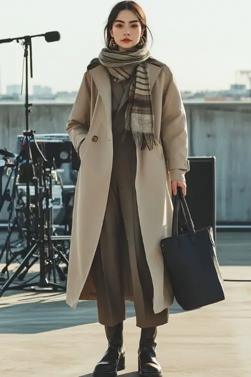 A fashionable woman wearing a structured trench coat, wide-leg trousers, and heeled boots