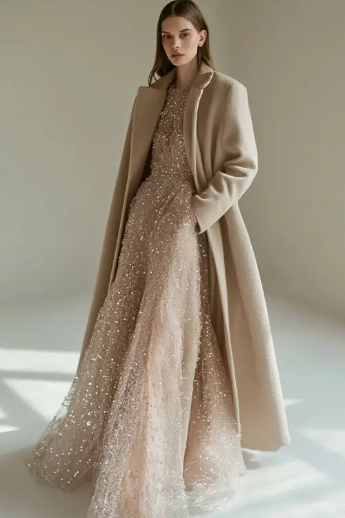A model in a champagne-colored gown with intricate sequin embroidery, paired with a taupe cashmere coat, standing in a studio with clean, soft lighting