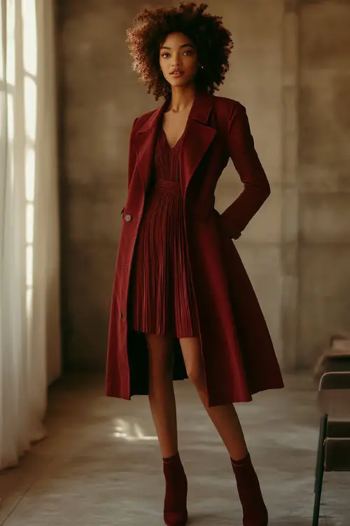A model wearing a burgundy knee-length dress with puffed sleeves and a matching burgundy trench coat