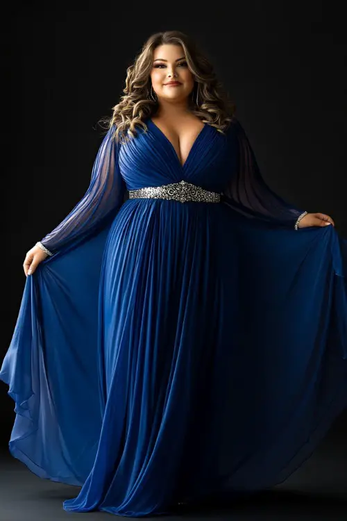 A plus-size woman wearing a royal blue floor-length gown with a plunging neckline, long chiffon sleeves, and a sparkling waistband