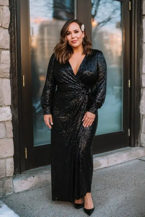 A plus-size woman wears a black sequin wrap gown with full-length sleeves and a plunging neckline, paired with classic black pumps and a pearl hair clip