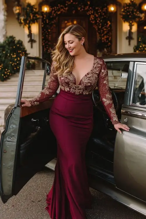 A plus-size woman wears a burgundy mermaid wedding guest dress with gold appliqué detailing and illusion long sleeves for formal winter wedding