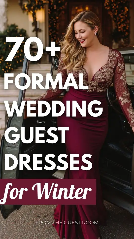 A plus-size woman wears a burgundy mermaid wedding guest dress with gold appliqué detailing and illusion long sleeves for formal winter wedding