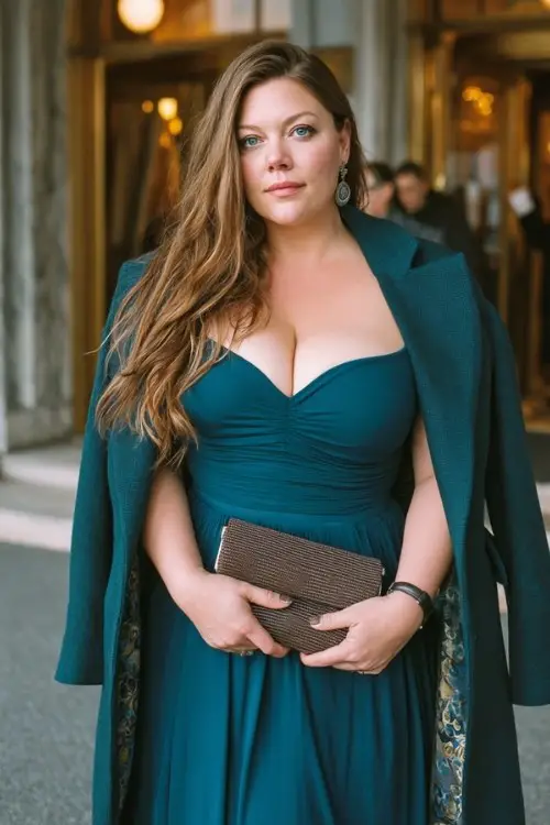 A plus-size woman wears a deep teal crepe evening gown with sculpted bodice, flowing skirt and embroidered sleeve cuffs, paired with statement bracelet