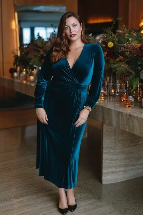 A plus-size woman wears a deep teal velvet long sleeve midi dress with structured waist and flowing skirt, styled with sleek pumps and a statement bracelet